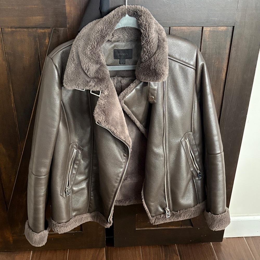 Gray Faux Leather Jacket with Fur Lining